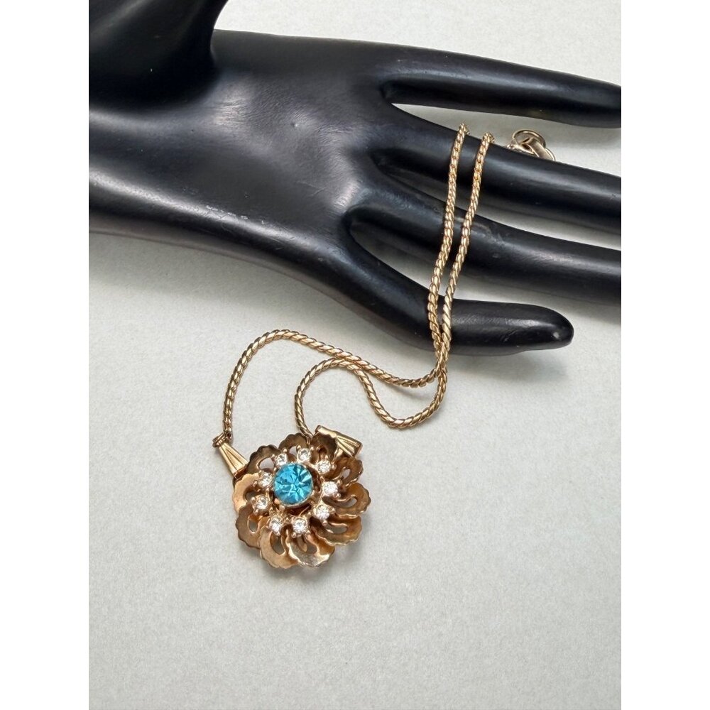 Vintage Gold Tone Floral Brooch And Pendant Necklace Blue Crystal Statement